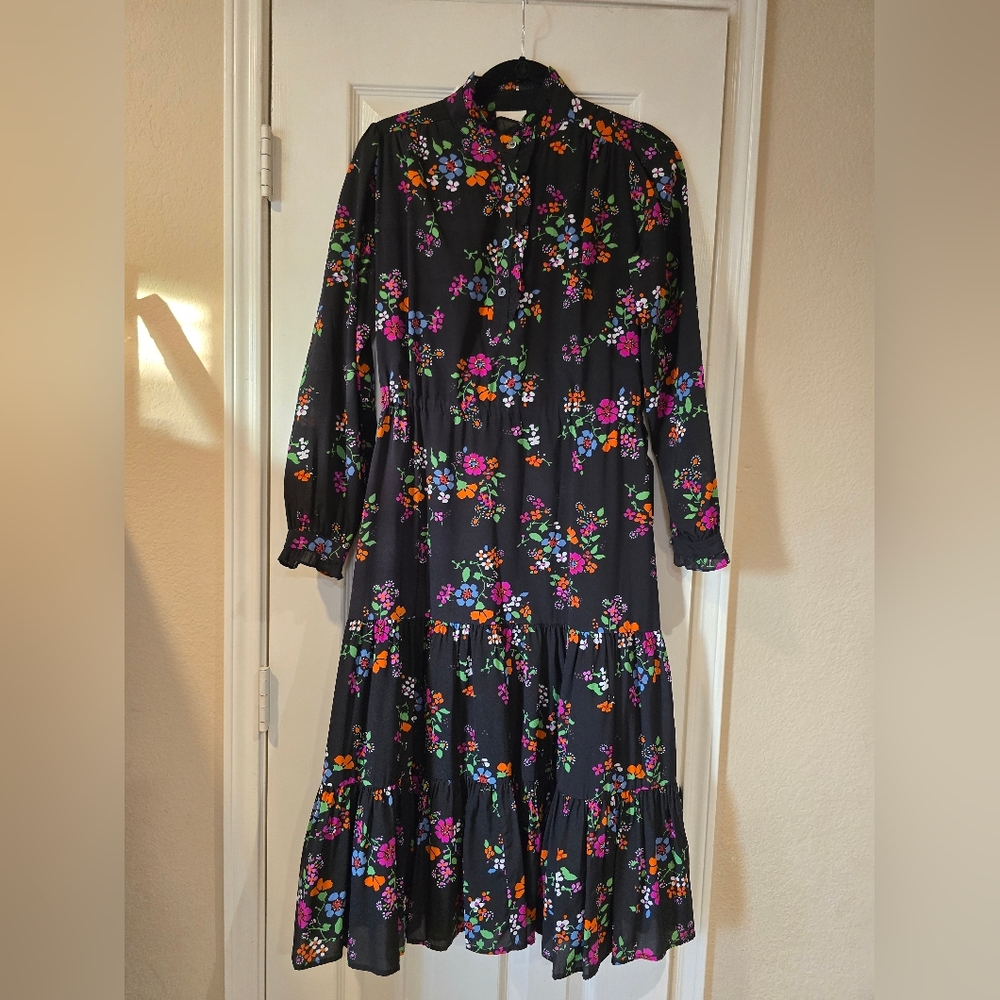 Julie Fagerholt Women's Silk Black Floral Long Sleeve Midi Dress Size 34